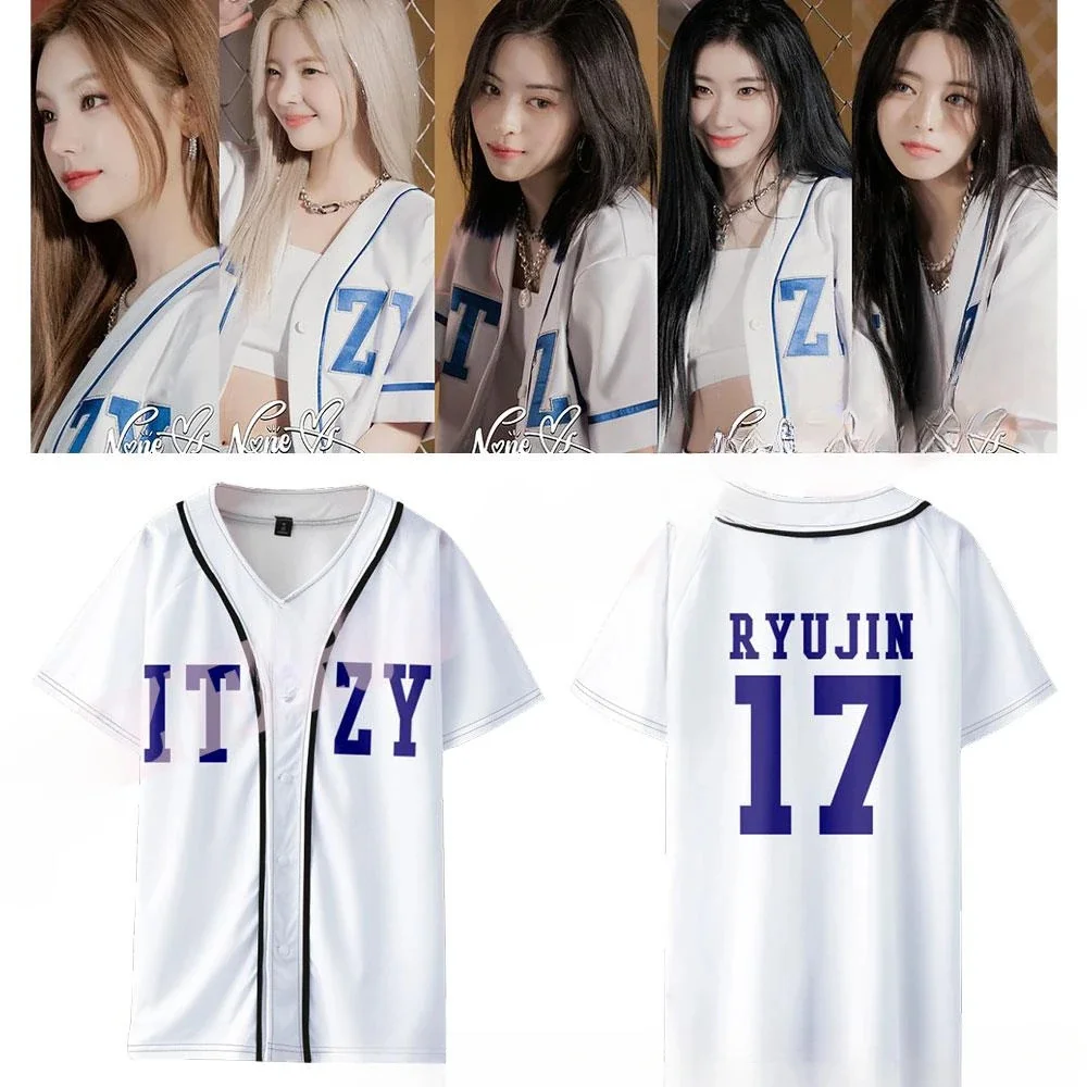 KPOP koreanisches Noon of My Business Merch Baseball Jersey T-Shirt YUNA RYUJIN CHAERYEONG LIA YEJI V-Ausschnitt Kurzarm Grafik-T-Shirts