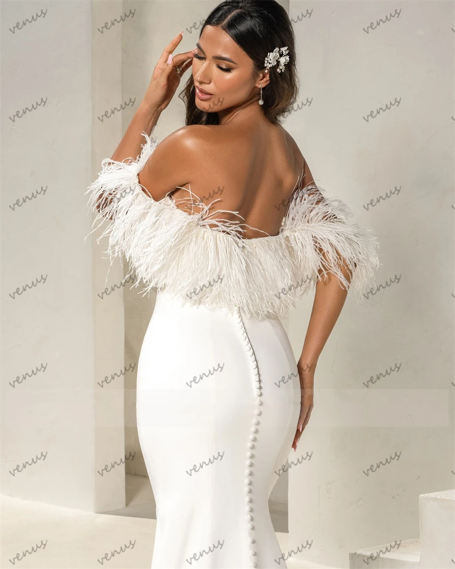 Vestidos De Novia modernos con cuello Barco, túnicas De plumas decorativas para fiesta Formal, vaina De sirena, Vestidos De Novia elegantes