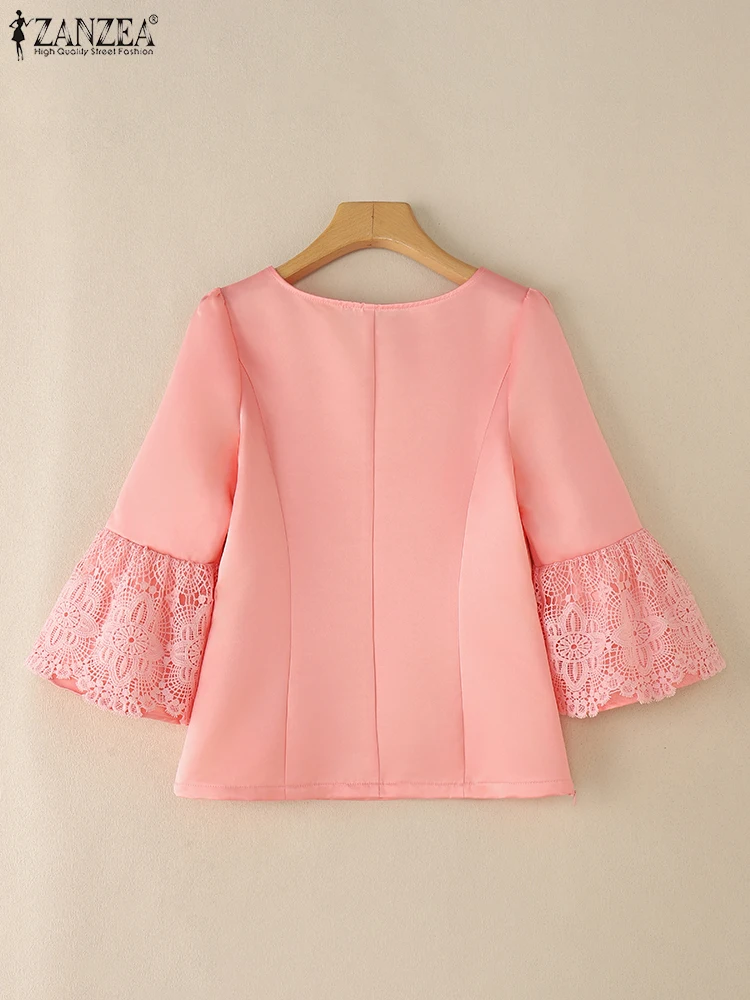 ZANZEA Casual O-คอเสื้อสตรี 3/4 Flare Sleeve GracefulเงาซาตินBlusas Mujer Slim-Fitลูกไม้Patchworkเสื้อElegant