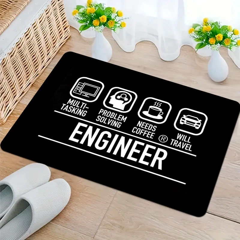 Engineer Doormat – Black, White Icons: Multi-Tasking, Problem Solving, Needs Coffee, Will Travel, Flannel, Non-Slip, Indoor Only