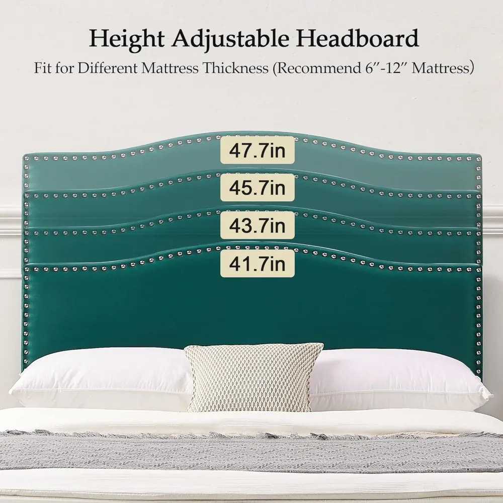 إطار سرير بمنصة مرتفعة قابلة للتعديل مع لوح رأسي منجد وبناء معدني عالي التحمل ودعم شرائح خشبية