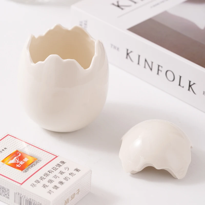 【Epeiushome】 Creative Ceramic Eggshell Ashtray Cotton Swab Toothpick Sundry Storage Pot Cute Nordic Ins Style