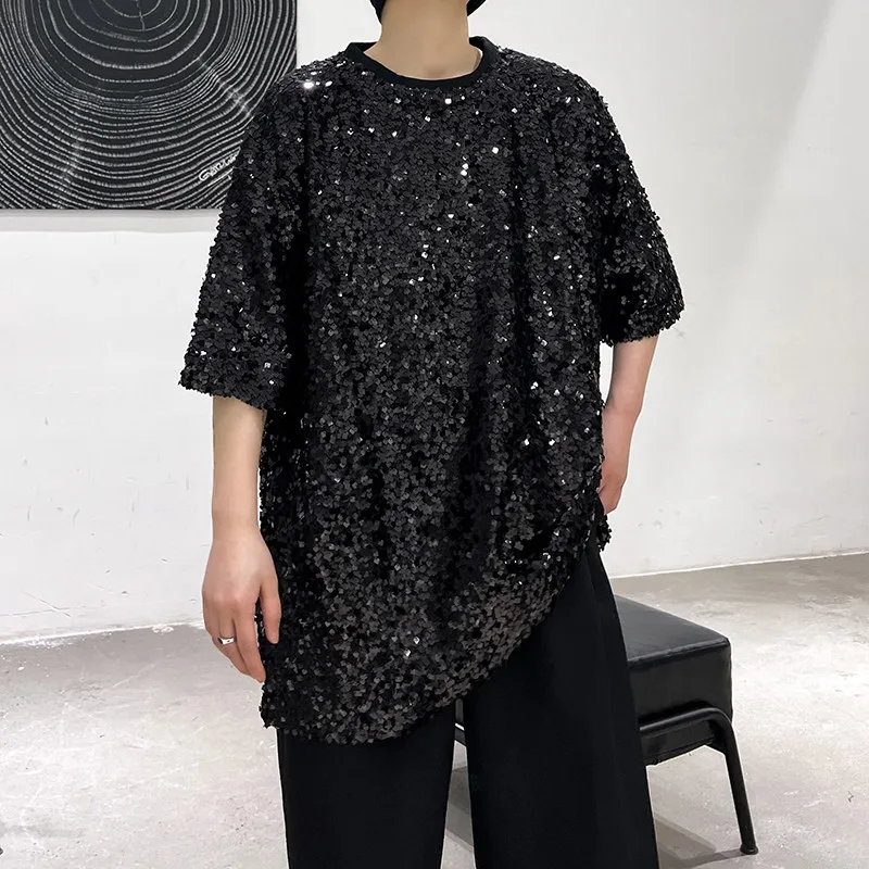 High Quality Sequins Reflective T Shirt for Man Nightclub Bar Dance Short Sleeve Loose Men T-shirts Stylish Oversized Tees Tops