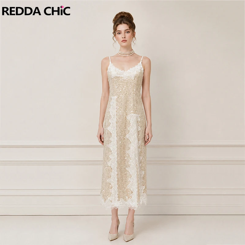 REDDACHiC Sexy Sequin Lingerie Dress with Split Party Lace Stitch Spaghetti Straps Loose Fit Maxi Chemise Summer Night Clubwear