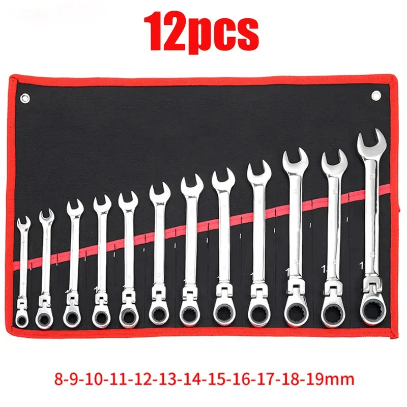 12pcs 8-19mm Dual-use Ratchet Flexiable Head Quick Wrench Set Hardware Tools 72 Teeth