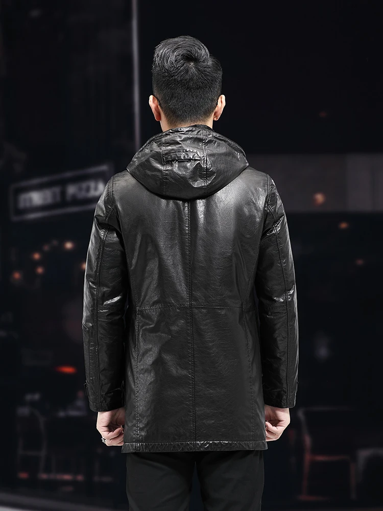 Men Winter Warm Mid Long Oil Wax Cowhide Hooded Work Down Coat Thick Warm Overcoat Business Man Luxury Genuine Leather Jacket