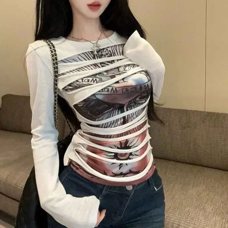 Top Sexy Y2K con forma de corazón para mujer, camiseta de manga larga en capas de otoño americano, camiseta divertida con hombros descubiertos rasgada y capa Base perfecta, nueva
