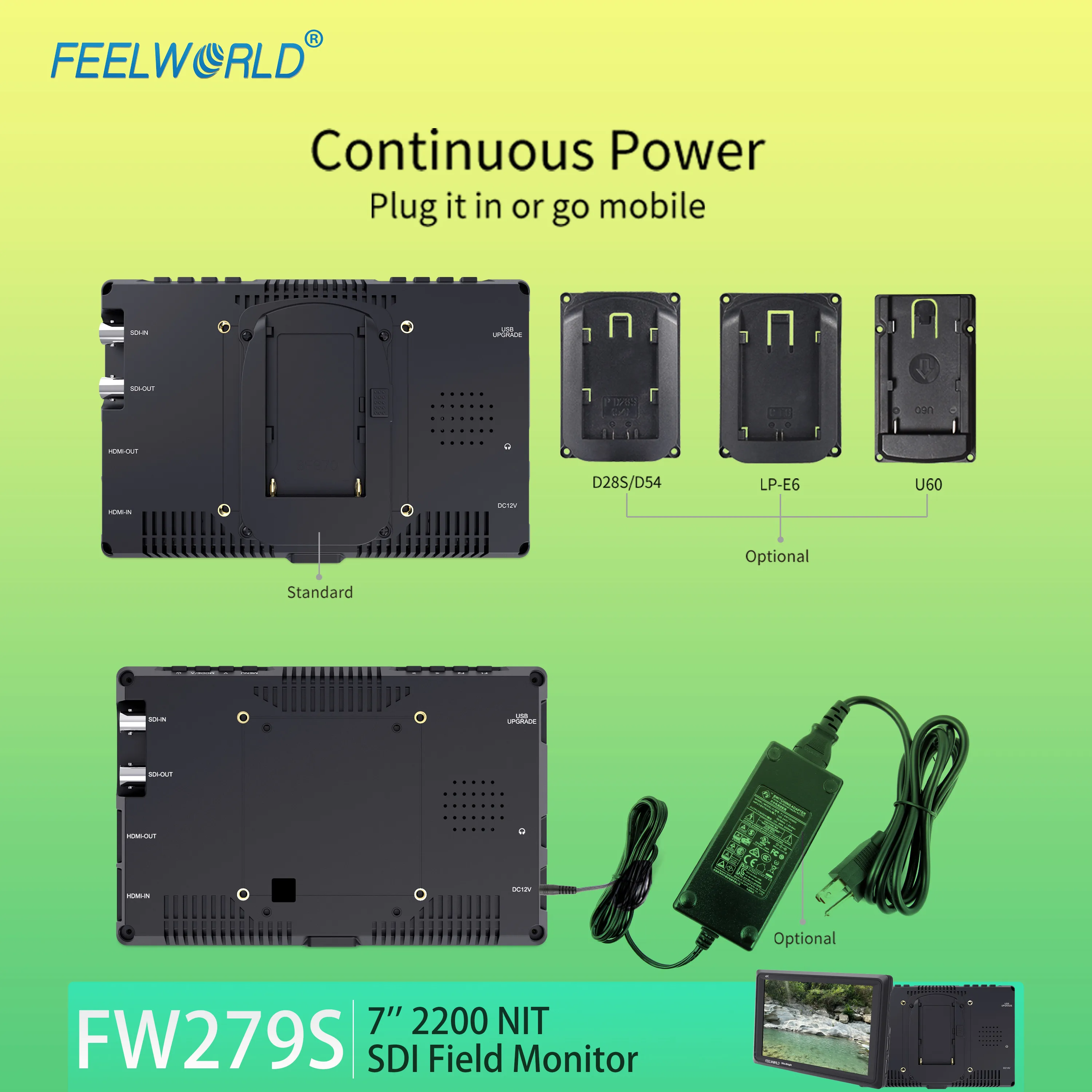 FEELWORLD FW279S 7-дюймовый монитор с камерой 2200nit, OEM Factory Direct, входной выход HDMI/3G-SDI, панель IPS 1920x1200