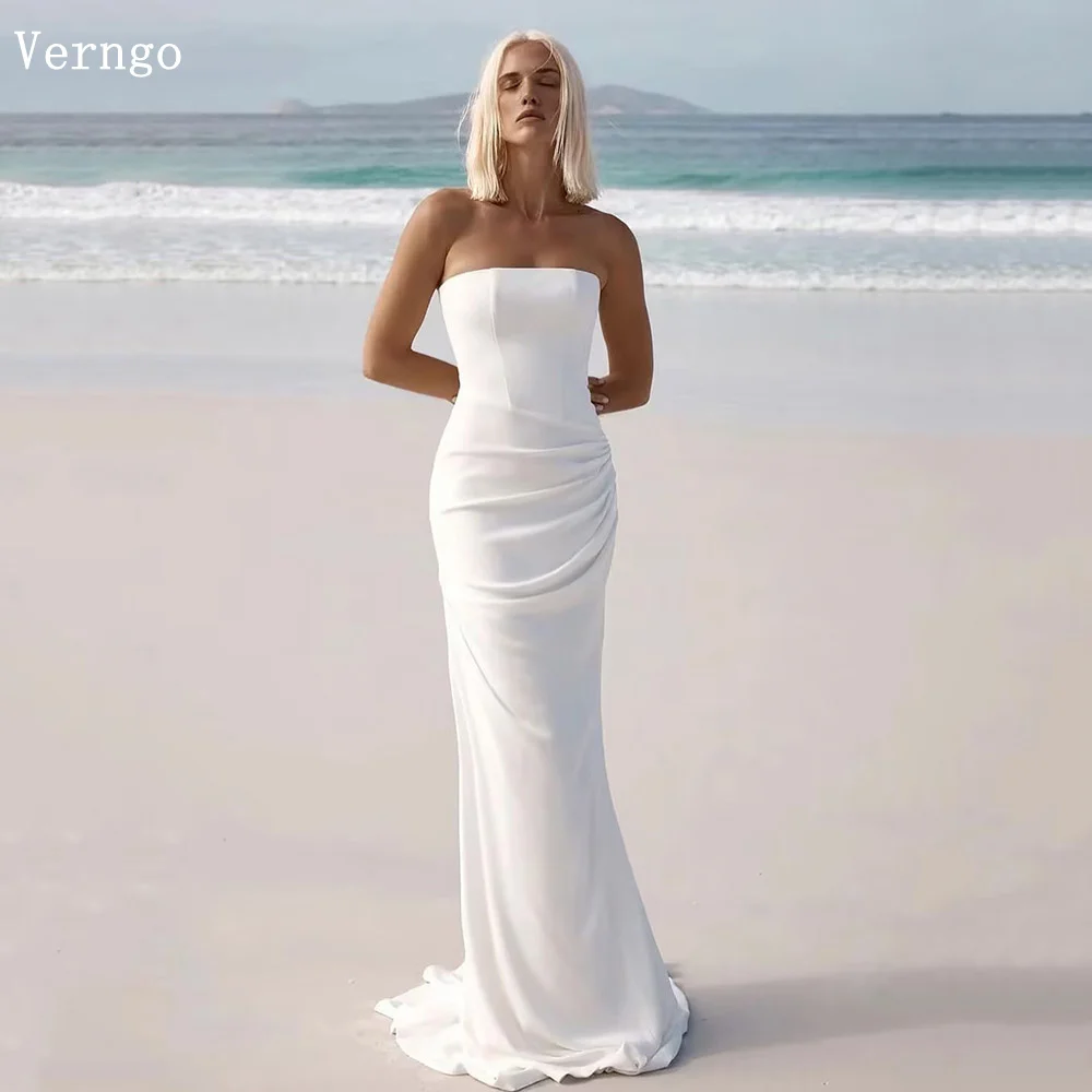 

Verngo White Crepe Wedding Dress Sleeves Mermaid Sweap Train Bride Dress Simple Formal Bridal Gowns 2024