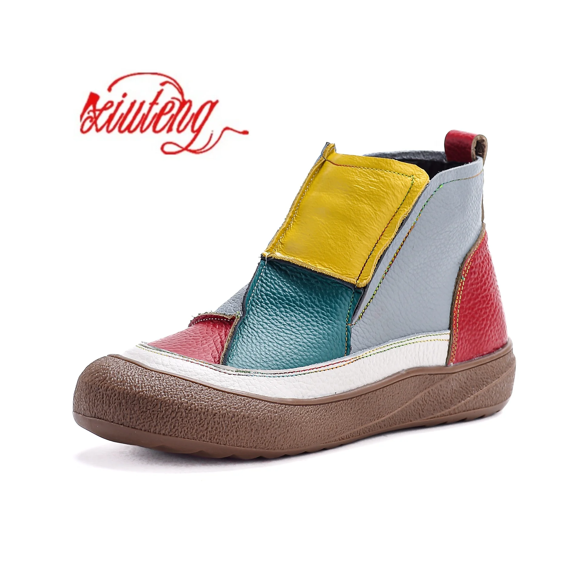 

Осенне-зимняя женская обувь с цветными блоками, короткие сапоги из воловьей кожи с верхним слоем, удобная подошва на одну ногу, повседневный новый стиль