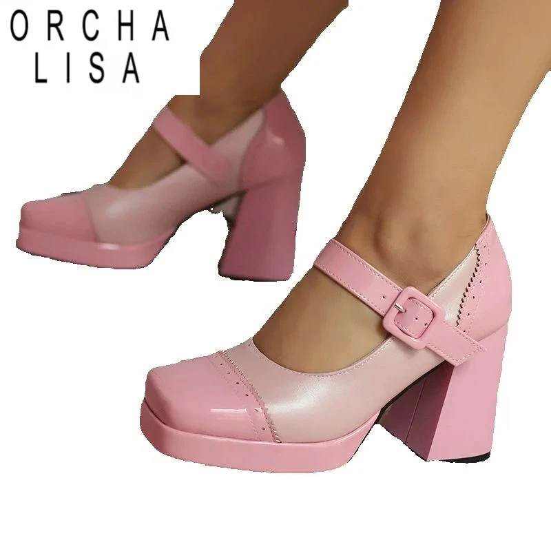 

ORCHA LISA Смешанные цвета Туфли-лодочки Мэри Джейн с квадратным носком на массивном каблуке 9,5 см на платформе с пряжкой и ремешком Большой размер 46 47 17 Элегантная свадебная ш