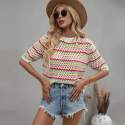 2022 New Spring Summer Knitted Blouses For Women Hollow Out Sexy Streetwear O Neck Womens Tops And Blouses Half Sleeve Tunic