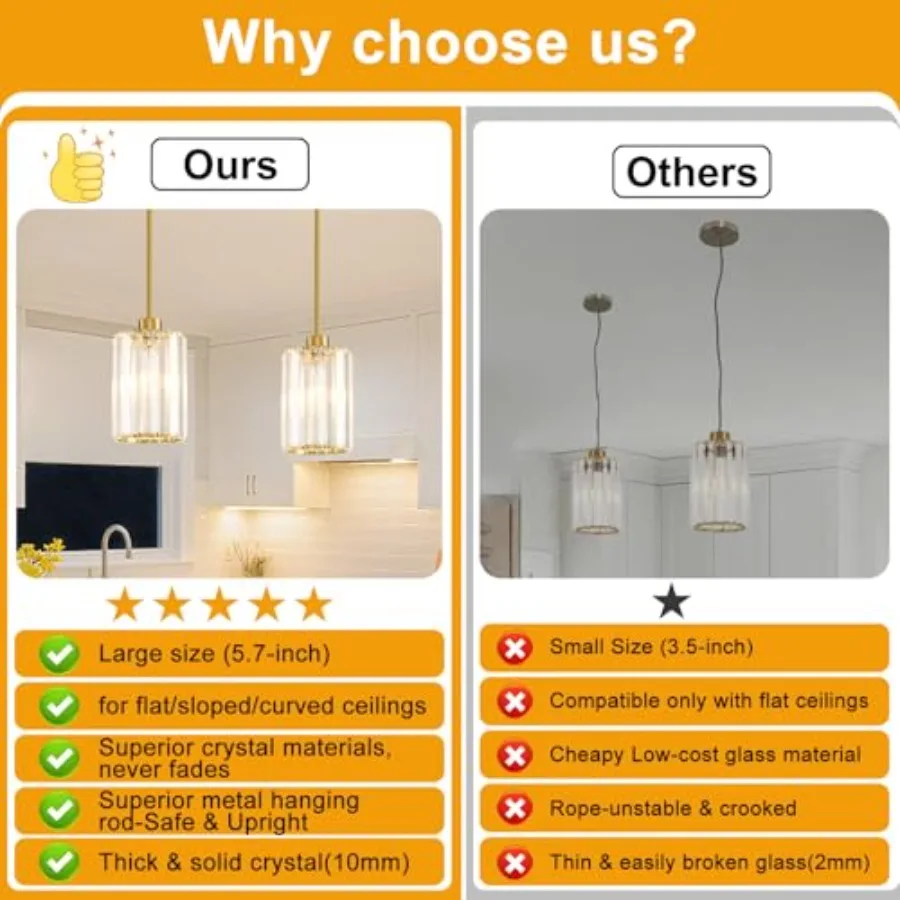 2 Pack Pendant Lights Kitchen Island, Modern Gold Pendant Light Fixtures, Mini Chandelier Crystal Kitchen Island Lighting, Hang