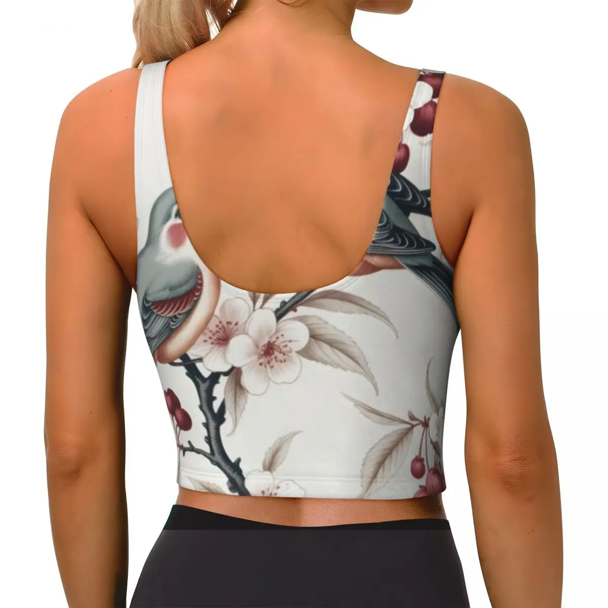 Scoop Neck Tank Cherry Blossom Birds Vintage Nature Illustration Shopping Outing Stretchy Fitness Top