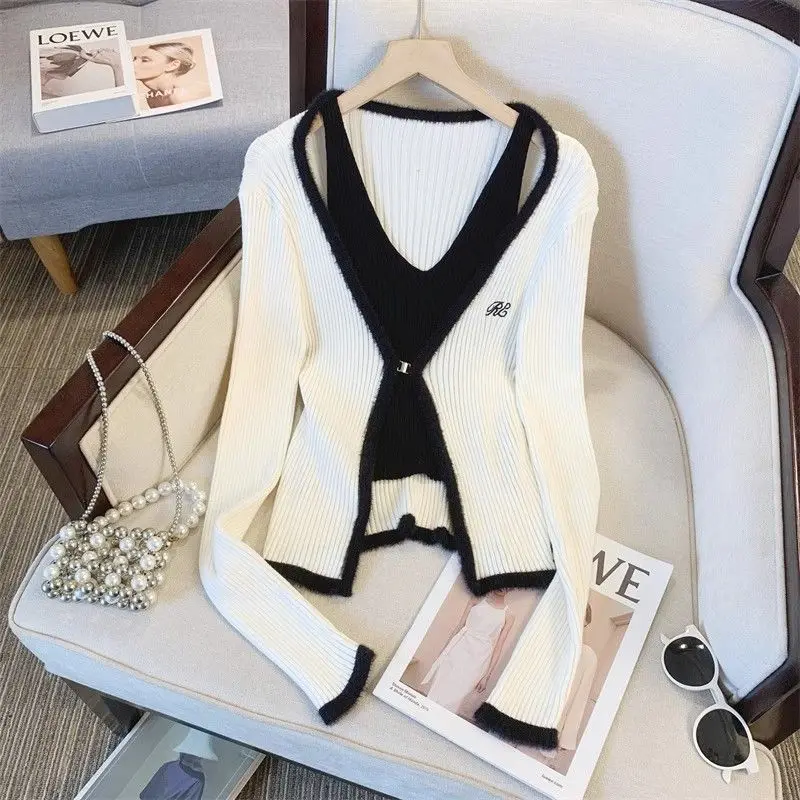 

Women Clothes Spring Autumn Fashion Simplicity Solid Color V-neck Knitting Ladies All-match Fashionable Fake Two Pieces Cardigan