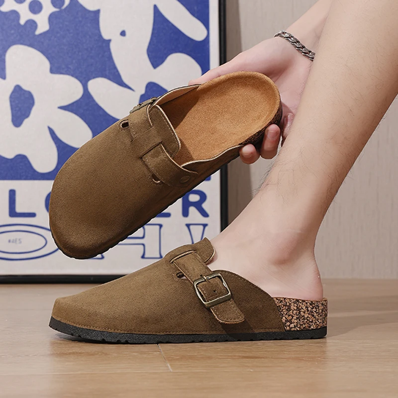 Nuevos zuecos de gamuza para hombre y mujer, mulas con plantilla de corcho suave, zapatos cómodos de patata con soporte para arco, sandalias de playa antideslizantes