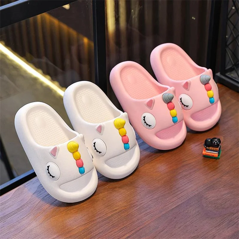 Summer Kids Home Shoes Flip Flops Baby Girls Slippers for Children Cartoon Unicorn Bathroom Antislip Thick Sole Slides 2-8 Years