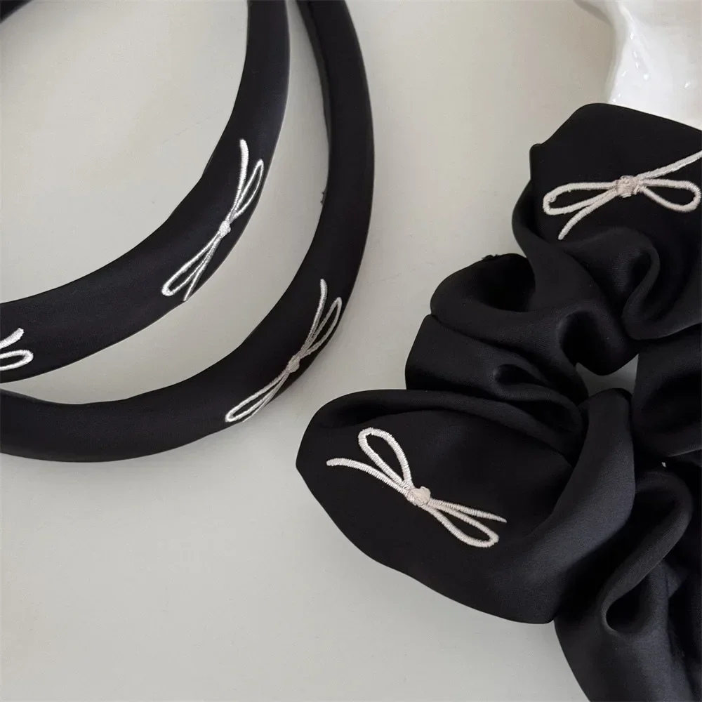 Beige Embroidered Bow Hairband Black Base Versatile Daily Headband High Headband Hair Clip New Headpiece