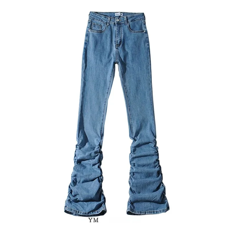 Women's High Waist Cotton Stretch Denim Pants Folded Hem Wrinkle Design Super Long Leg Lengthening Long Pants Spring Season
