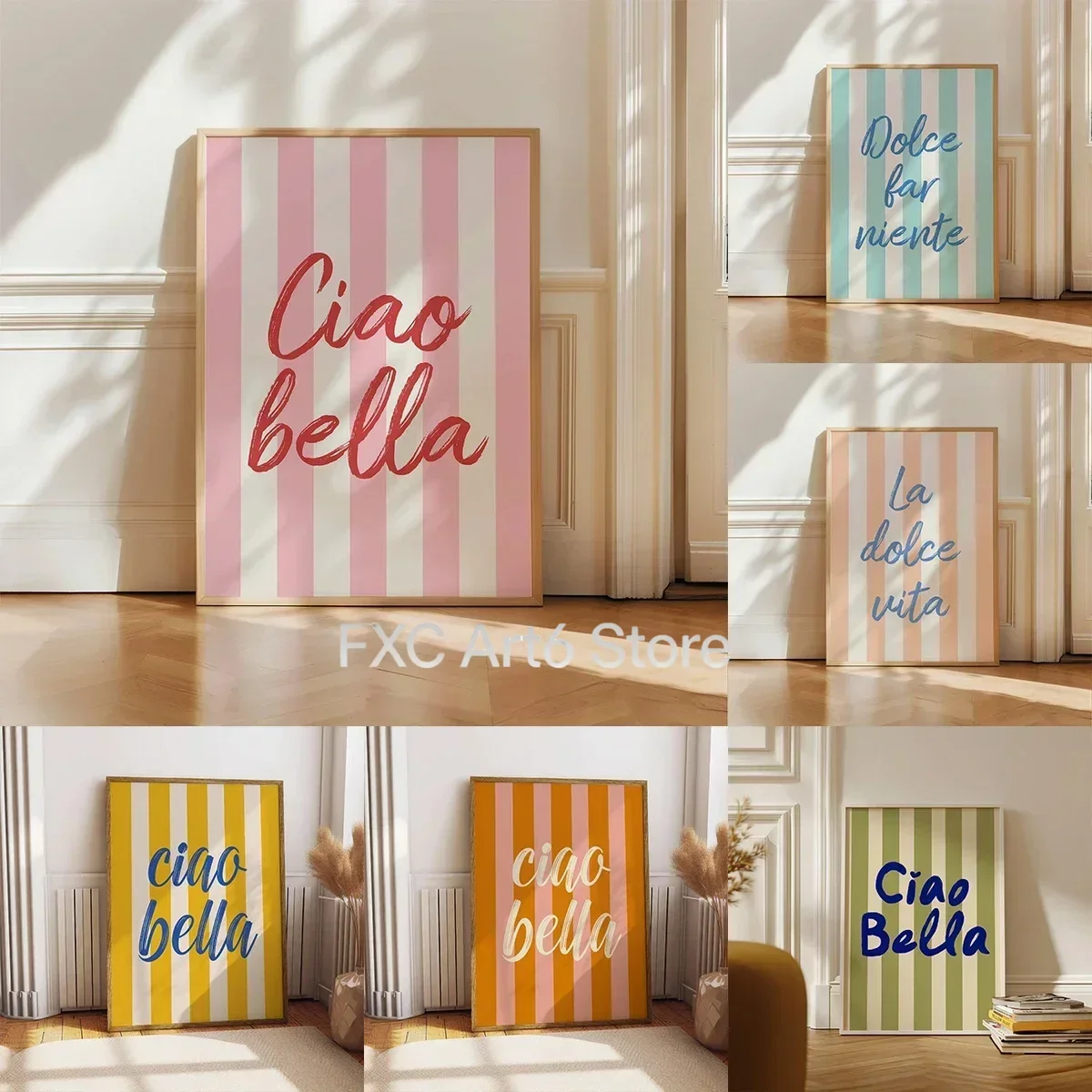 1 Stück Rahmenloses Modernes Ciao Bella Leinwanddruck Wandbild Italienisches Zitat Typografie Wandkunst Poster für Modernes Wohnzimmer Mädchen