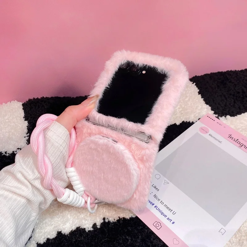 Luxury Solid Colors Make up Mirror Furry With Lanyard Plush Phone Case For Honor Magic V Flip 2 Shockproof Back Cover