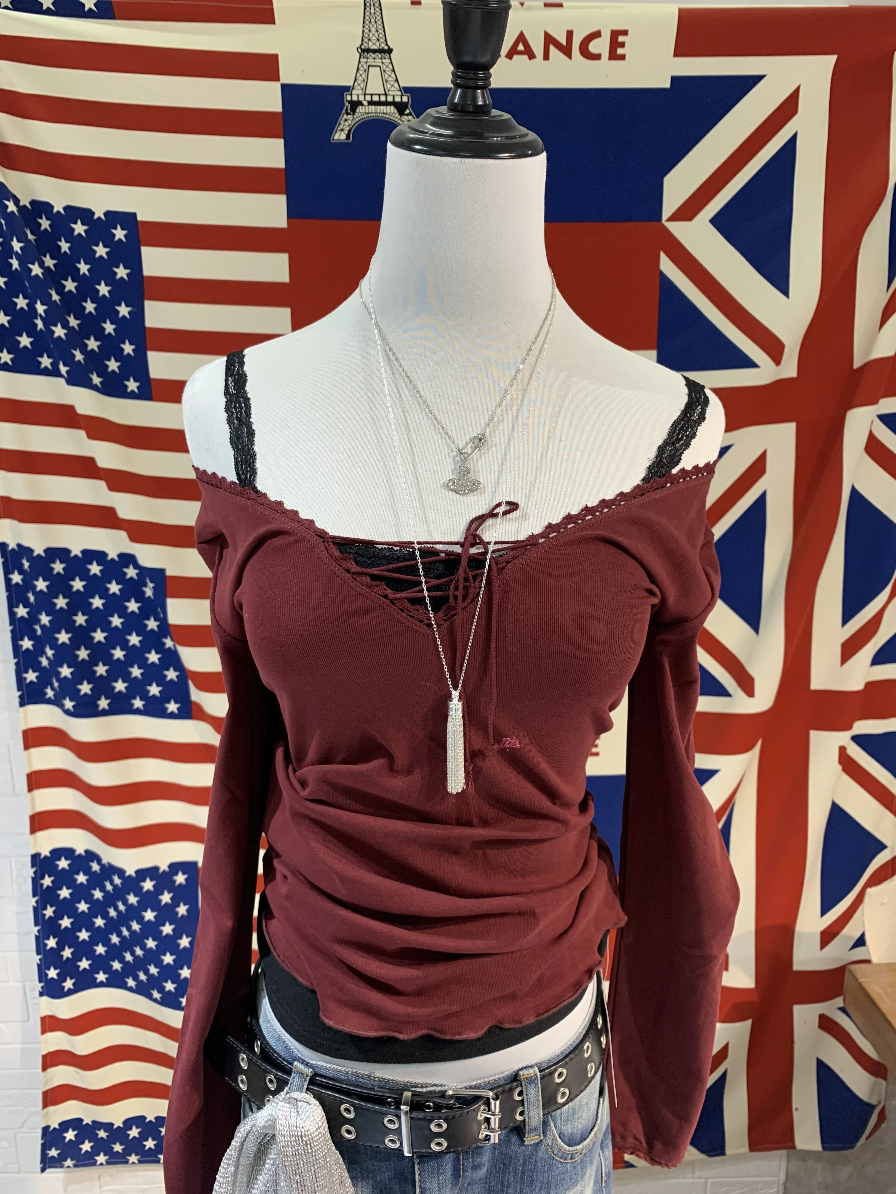 Verband Spitze Trim Langarm T-shirt Herbst Sexy V-ausschnitt Baumwolle Dünnes T-shirt Top Weibliche Casual Einfache Solide Elegante Frau der Tees