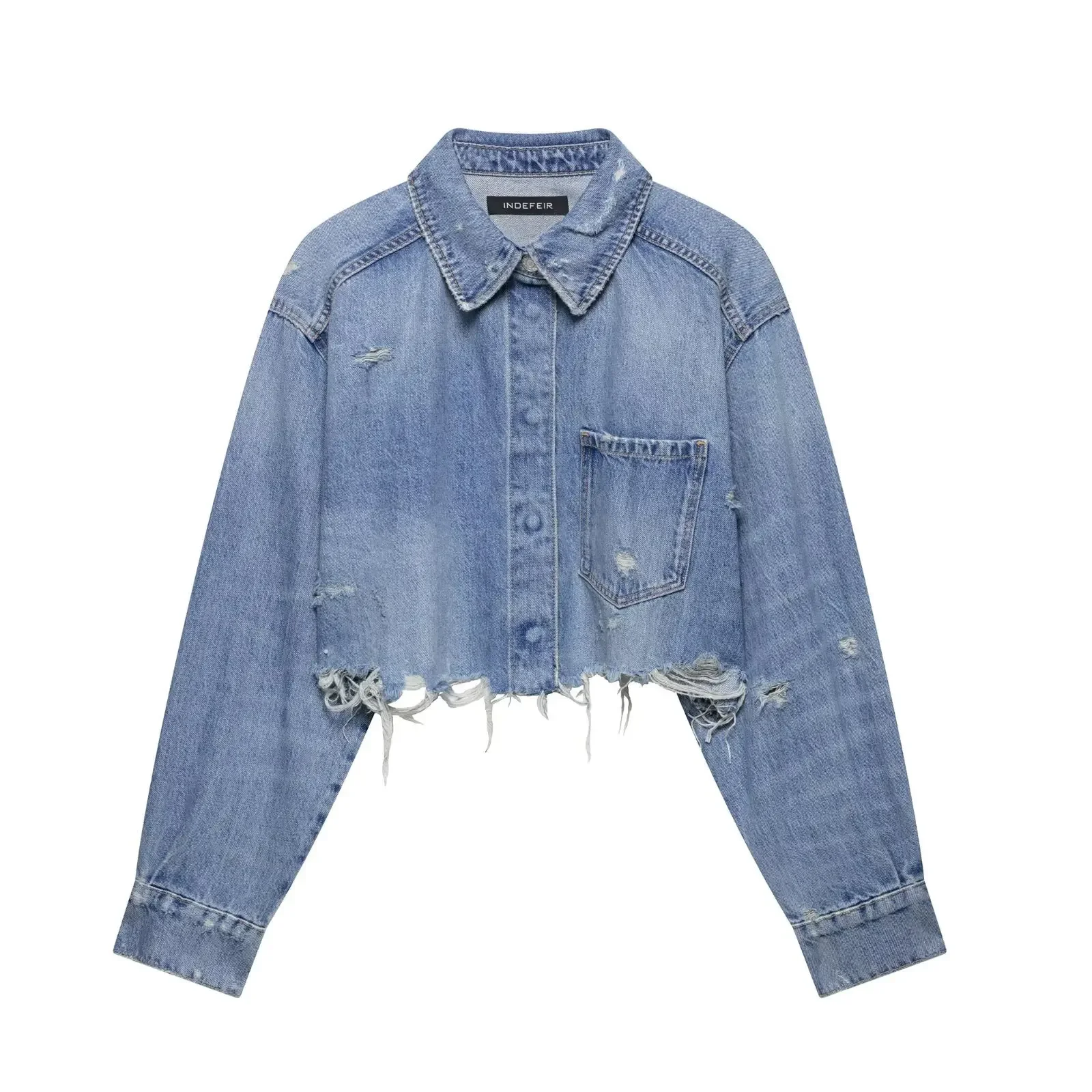 Korte damesjas van gescheurd denim, casual retro-streetstyle-top met enkele rij knopen en lange mouwen