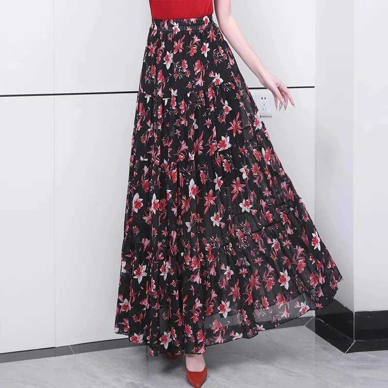 Spring Floral A-line Maxi Long Chiffon Skirt High Waist Cakee Patchwork Ankle Long Summer Skirts