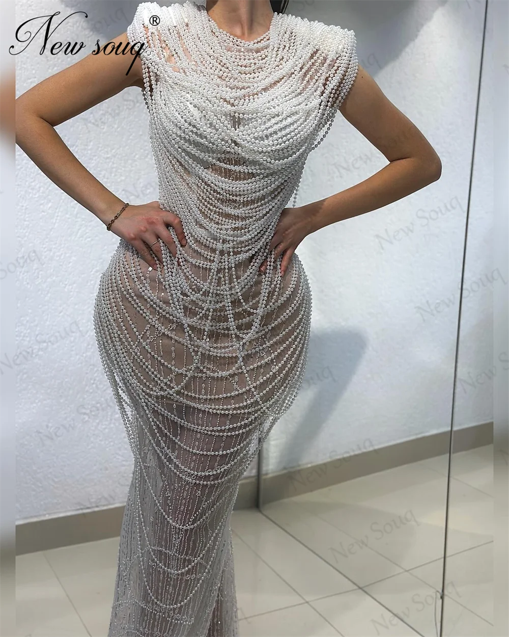 

Pearls Mermaid Celebrity Dresses Luxury O Neck Middle East Sequins Party Dress For Women Vestidos De Gala Dubai Evening Dress