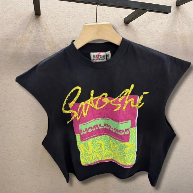 Summer Street Real Photo Washed Black SATOSHI Tank Top Rivet Letter Crack Print Sleeveless Tshirts Men Women Round Neck Vest