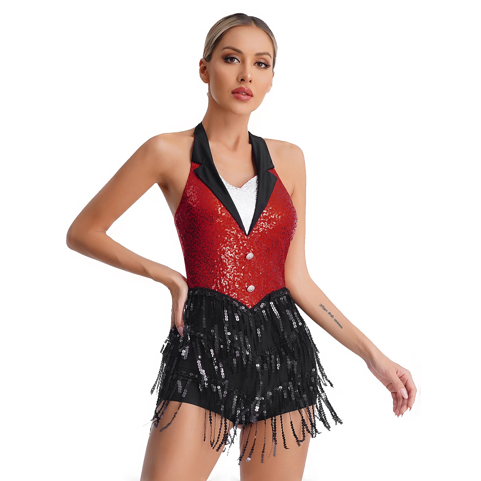 Shiny Sequins Jazz Latin Dance Dress For Women Sparkly Tassel Leotard Bodysuit Sleeveless Salsa Tango Dance Performance Costume