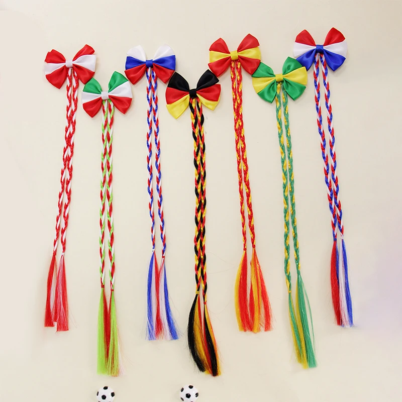 

Unisex Long Straight Ponytail Braided Extension with Red, White, Green Hair Tie for Football Matches
