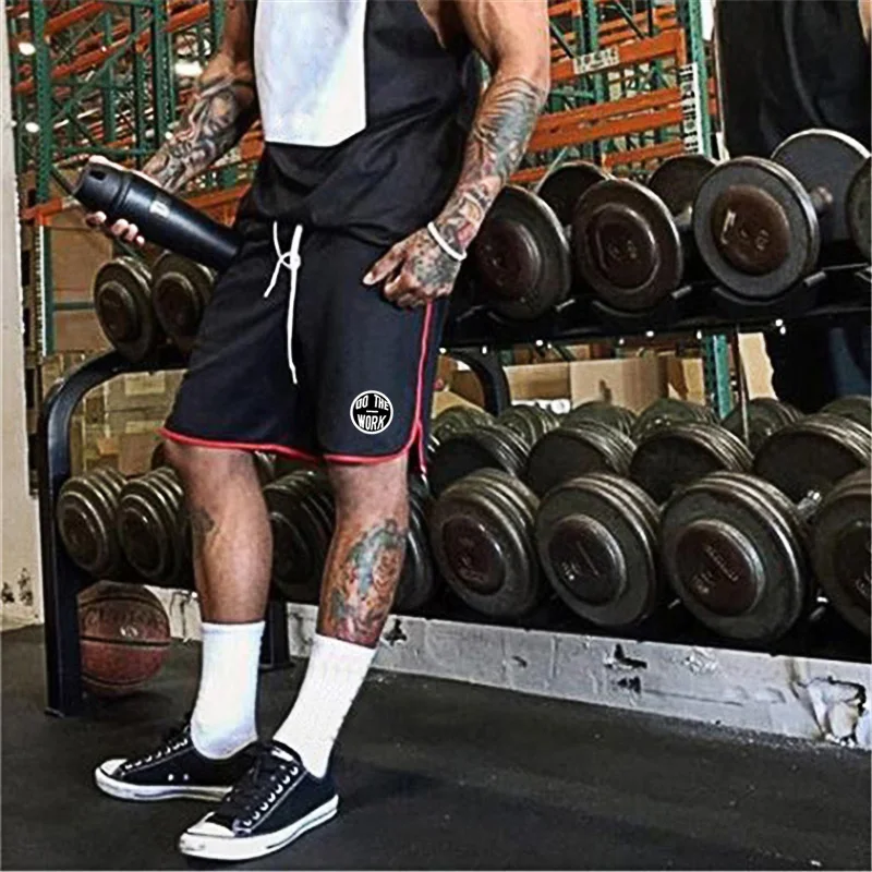Summer Mens Running Shorts Breathable Mesh Polyester Fitness Gym Workouts Shorts Drawstring Weights Lifting Bodybuilding Joggers