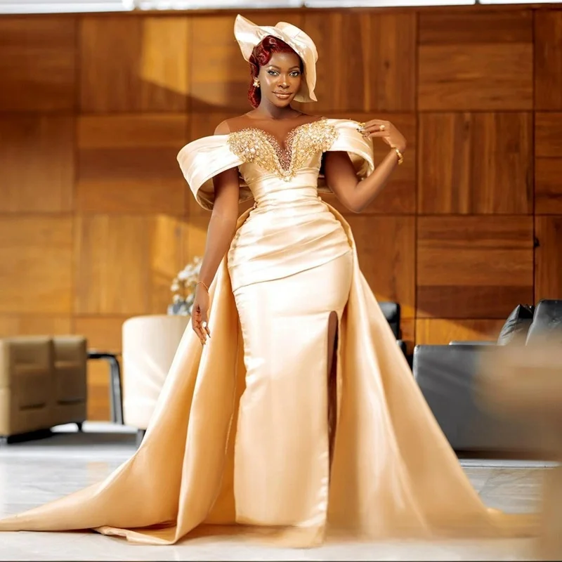 Customized Sweetheart Shinny Beads Champagne Wedding Dress  Vestido De Casament Mermaid Bridal Gowns with Removable Skirt