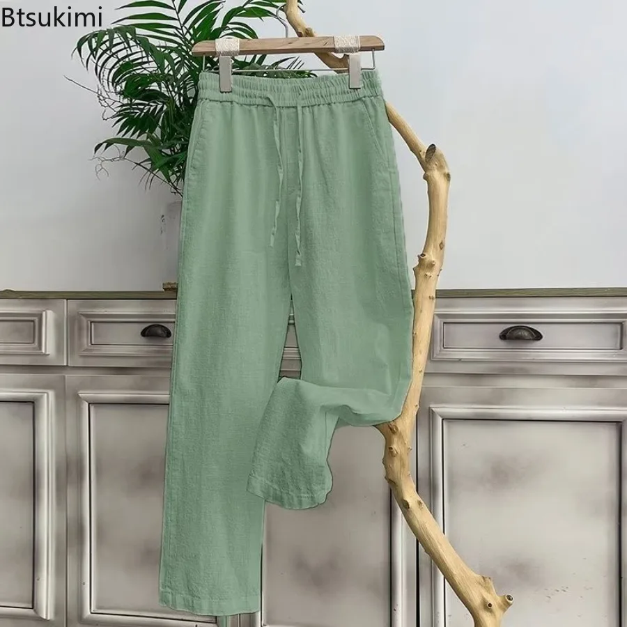 2025 Summer White Men's Cotton Linen Pants Male Autumn New Breathable Solid Color Linen Trousers Loose Streetwear Baggy Pants