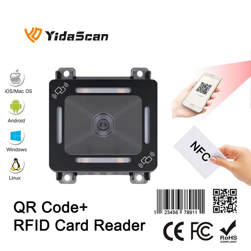 

FM700B QR Code RFID Card Reader NFC 1D 2D QR Code Reader Access Control Barcode Scanner USB RS232 Wiegand for Kiosk Turnstile