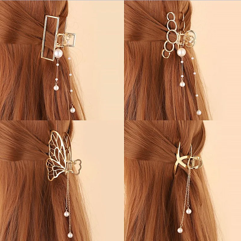 

2022 New Metal Pearl Tassel Clip Back Head Hairpin Girl Hairpin Shark Clip Elegant Temperament Hairpin Simple Hair Accessories