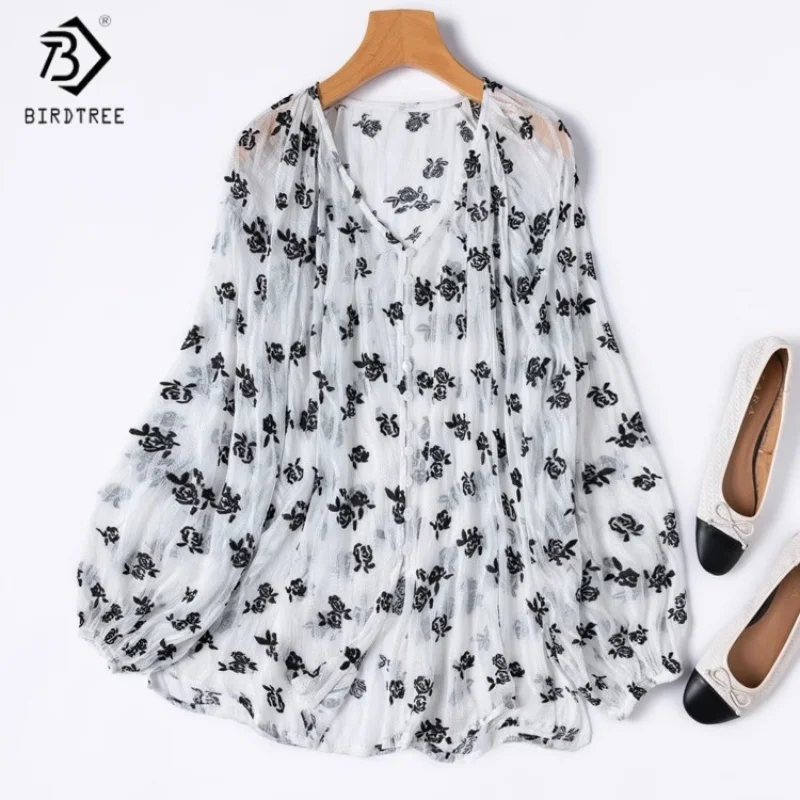 

Birdtree Summer 100% Silk Shirt,Women Embroidery V-Neck Loose Semi Perspective Sun Protective Clothing,New 2025T55751JF