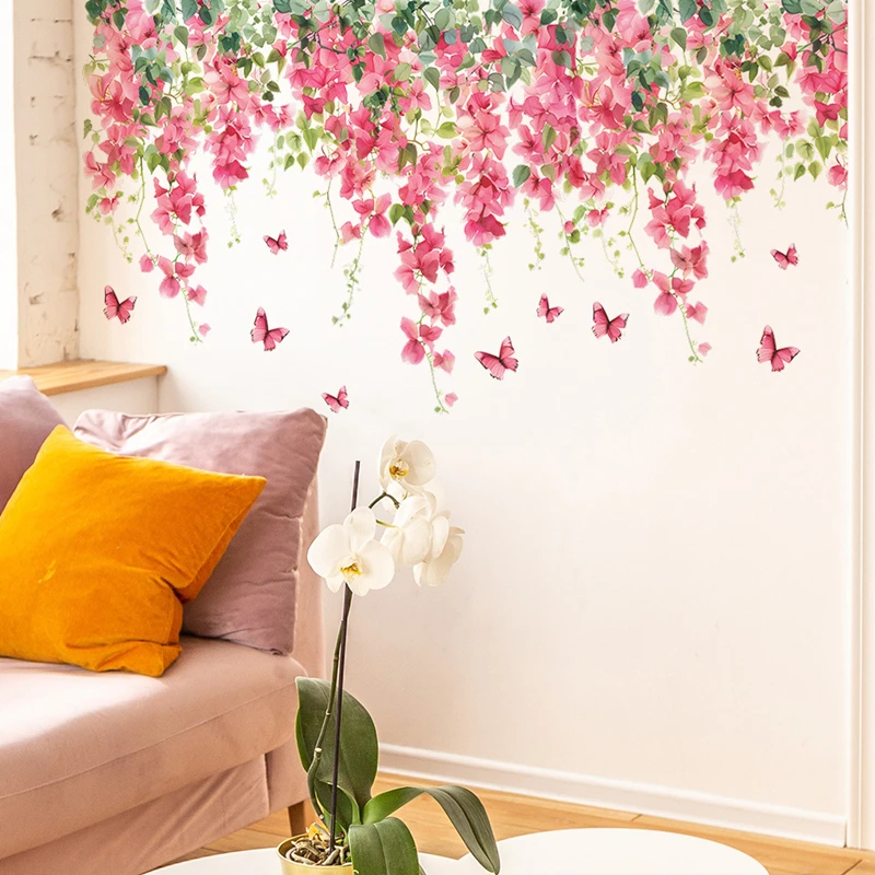 Watercolor Flowers Vine Leafy Butterfly Vinyl Mural Home Decoration for Bedroom Living Room Wall Art Scenery Stickers