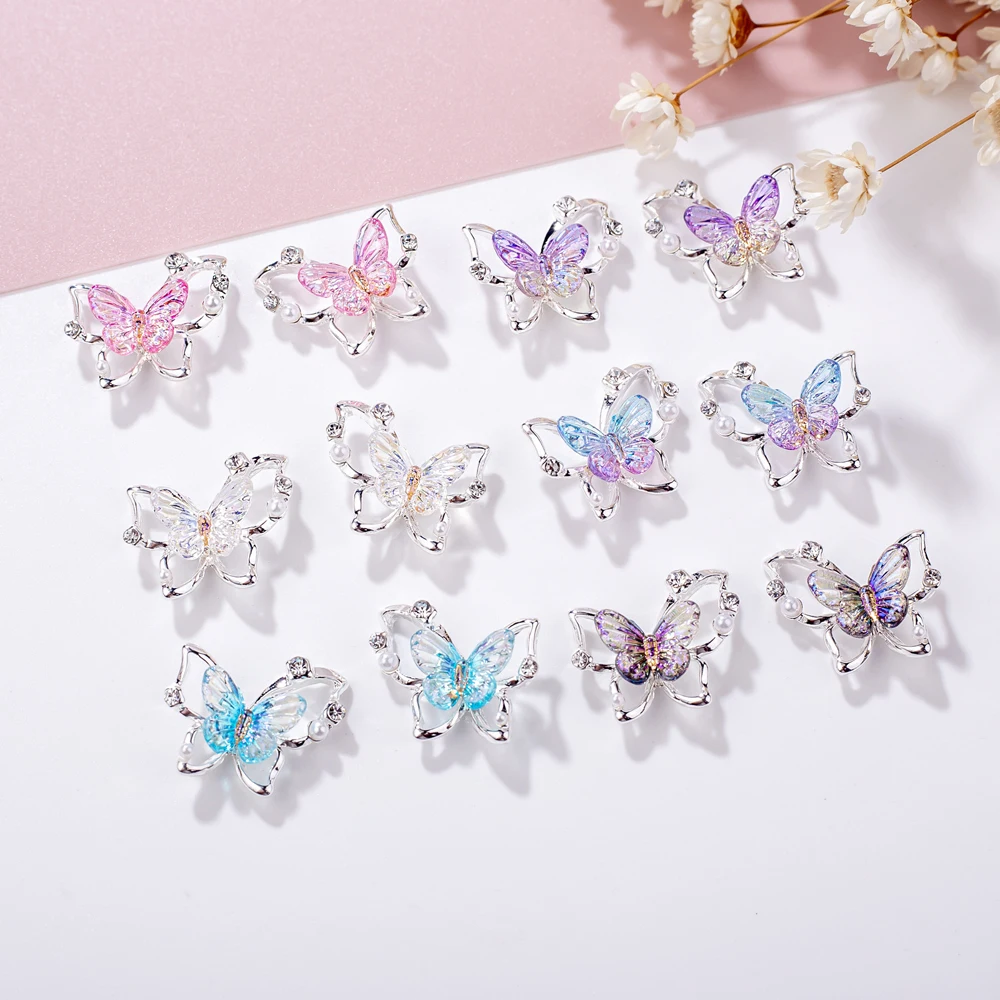 Abalorio de mariposa brillante para decoración de uñas, Gema de cristal hueco de aleación 3D, accesorios de estilo Kawaii, 5 piezas