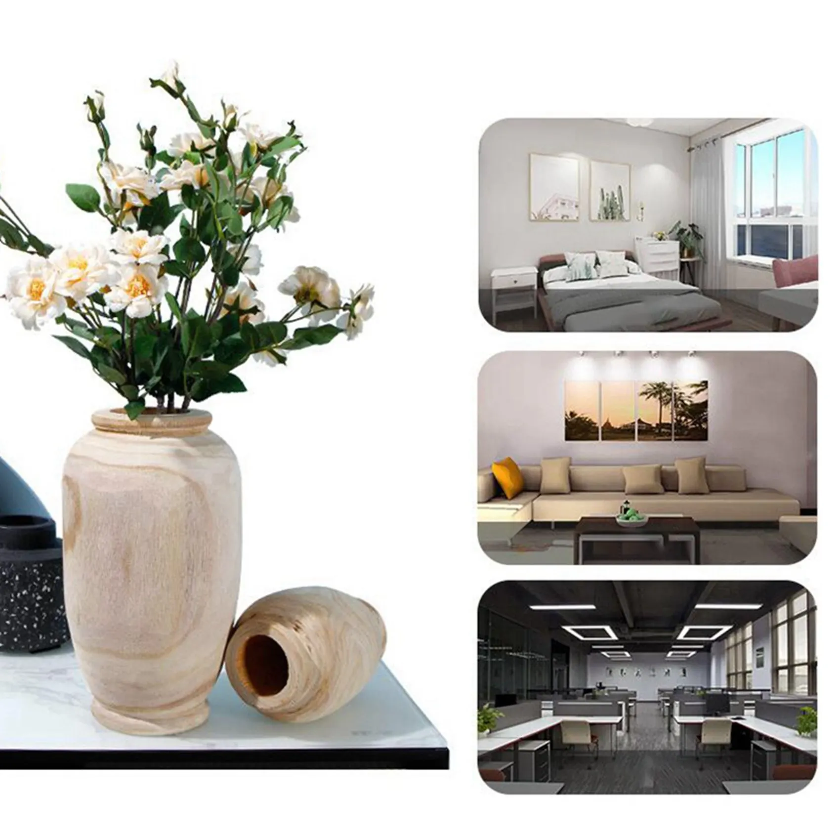 2X Wooden Vase Decoration Living Room Table Solid Wood Ware Flower Bottle Ornament Home Decoration-A68E
