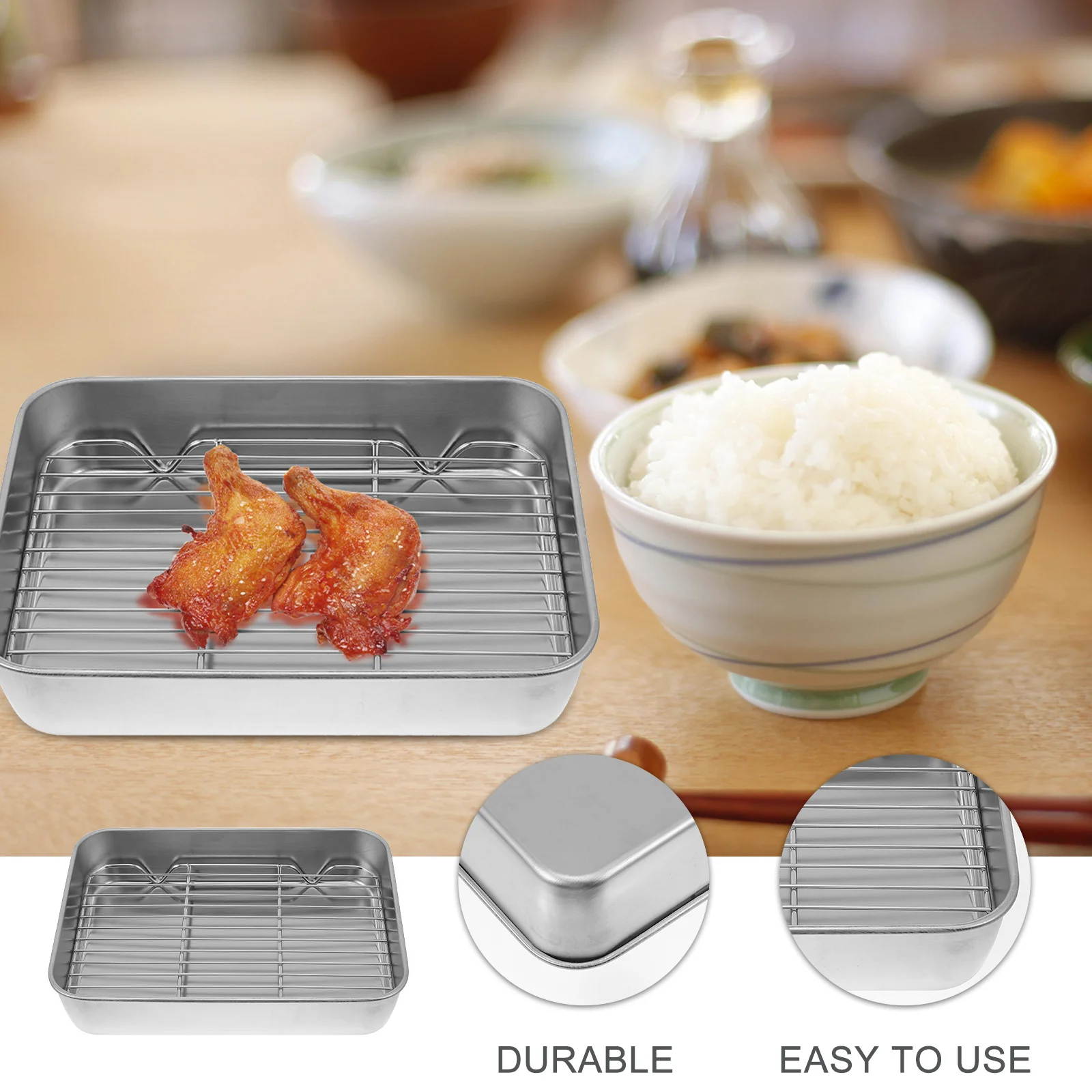 

1Set Baking Tray with Net Rack Stainless Steel Premium Roasting Pan for Bbq Oven Multifunctional Kitchen Bakeware Silver