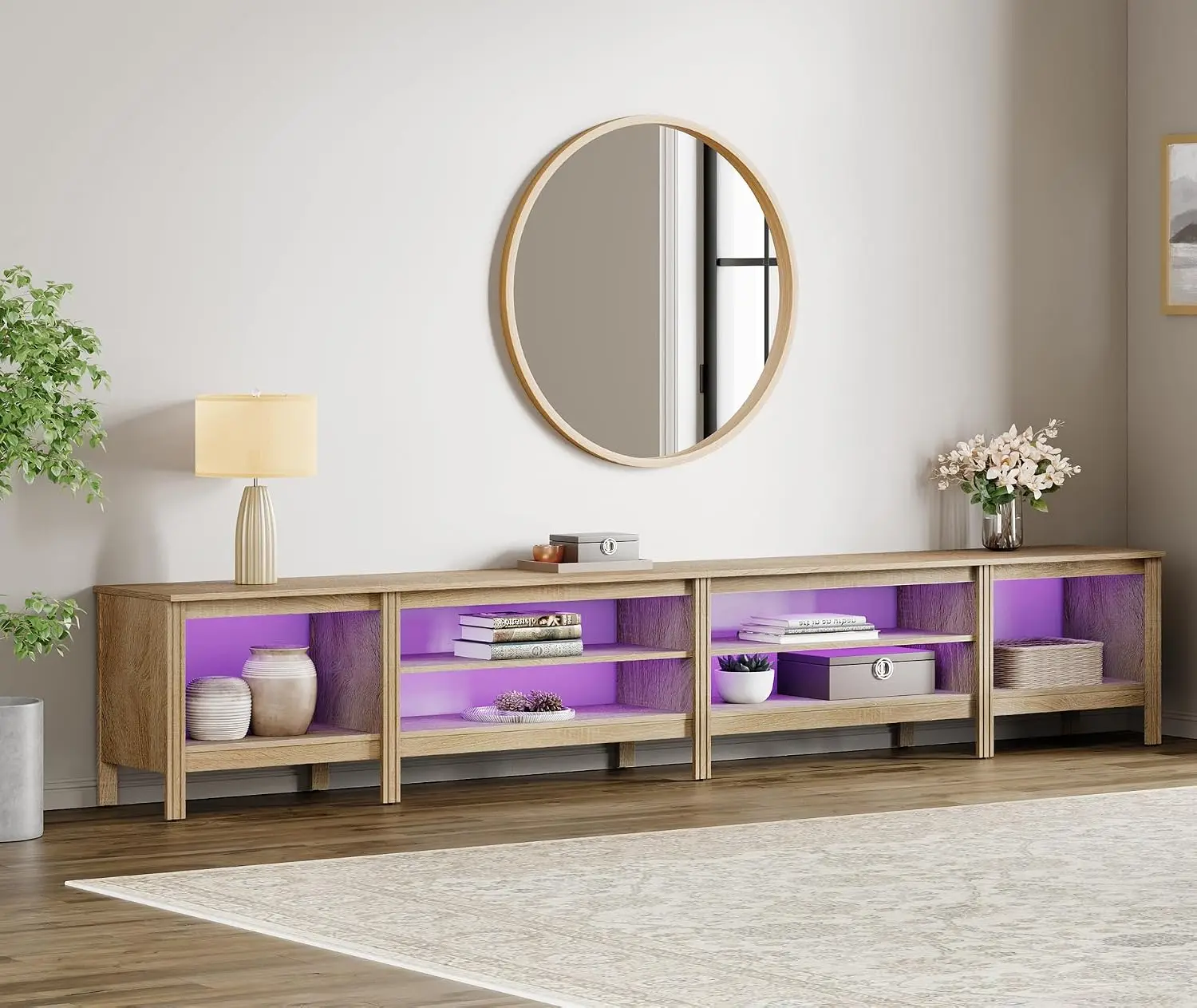 Farmhouse TV Stand for TVs to 100 Inch with 16 Color LED Lights, Oak Entertainment Center Console with 6 Cubby Storage for Livin