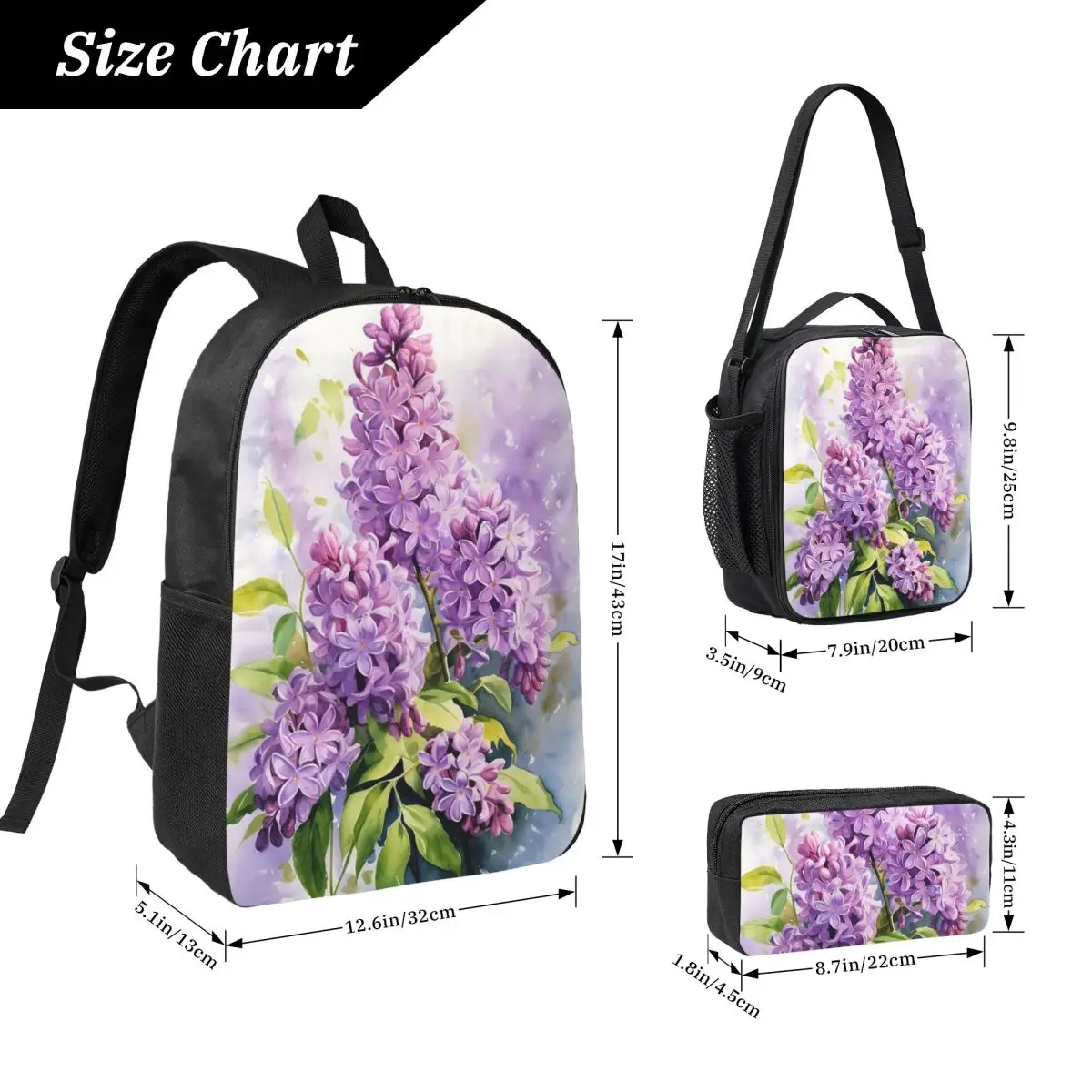 Lilac Blooming Artistic Creation Backpack Boys Girls BookBag School Bag Laptop Shoulder Bags 3ps Insulated Lunch Bag Pencil Case