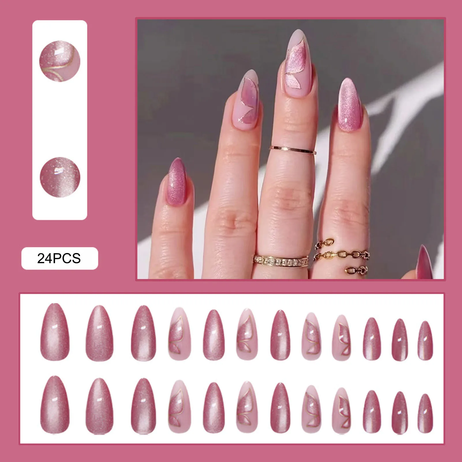 24pcs Shimmery Cat's Eye False Nails Shiny Pin Purple Long Almond Press On Nail With Flower Design Ballerina Wearable Fake Nails