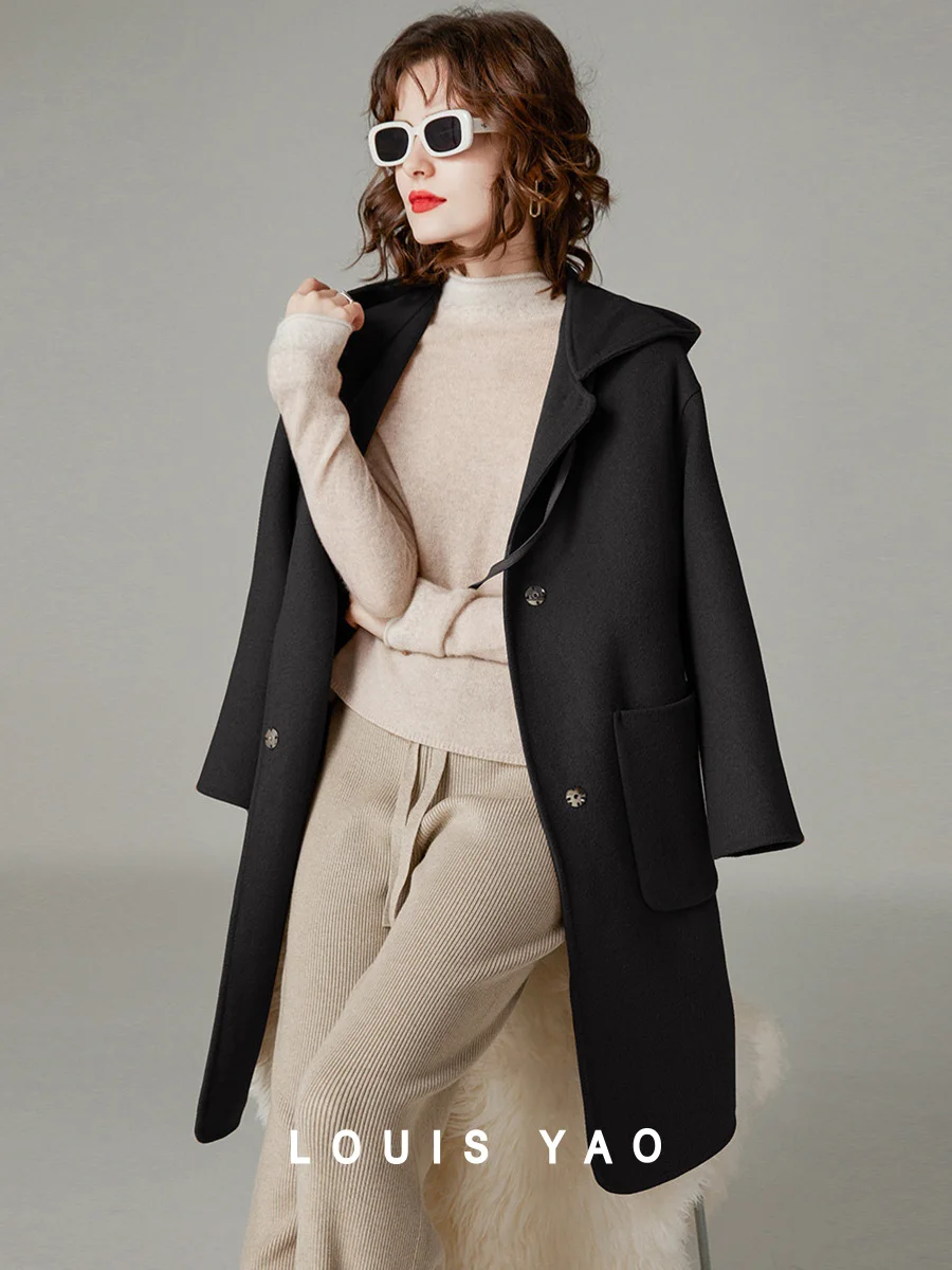 LOUIS YAO 2024 Autumn Winter Hooded Wool Blended Double-sided Woolen Coat Fashionable Elegant Shoulder Length Jacket for Women