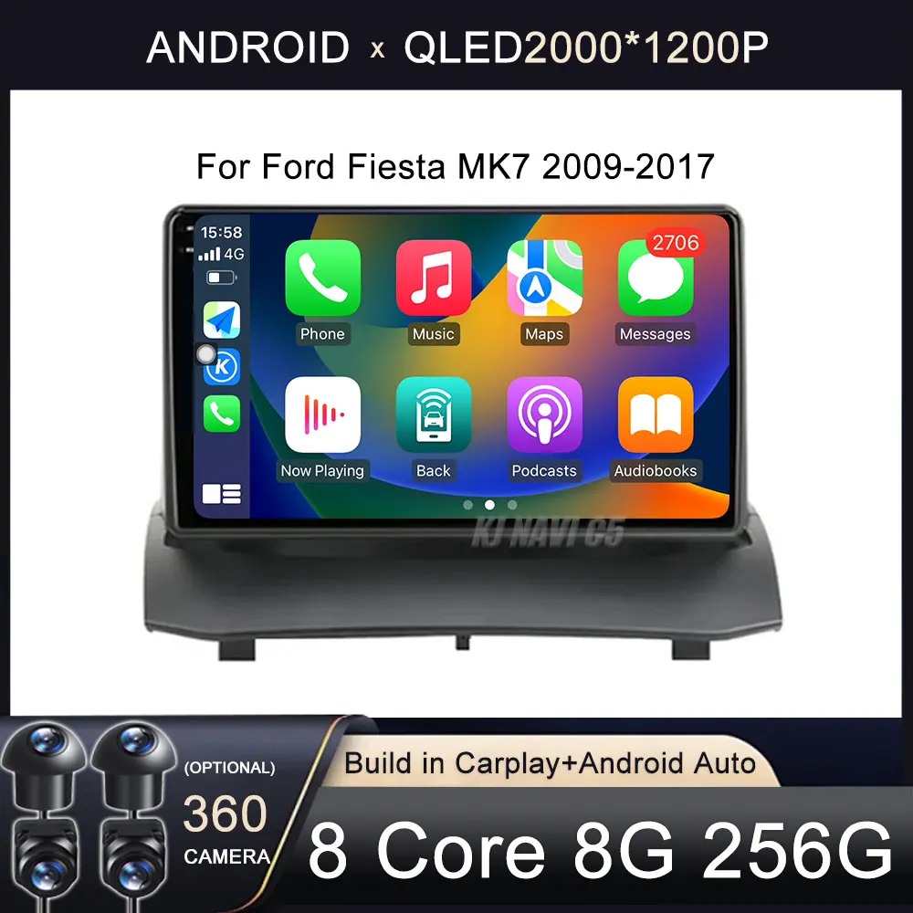 포드 피에스타 MK7 2009-2017 QLED 멀티미디어 비디오 플레이어, GPS 네비게이션, 4G 와이파이 카플레이 헤드 유닛, BT, 안드로이드 14