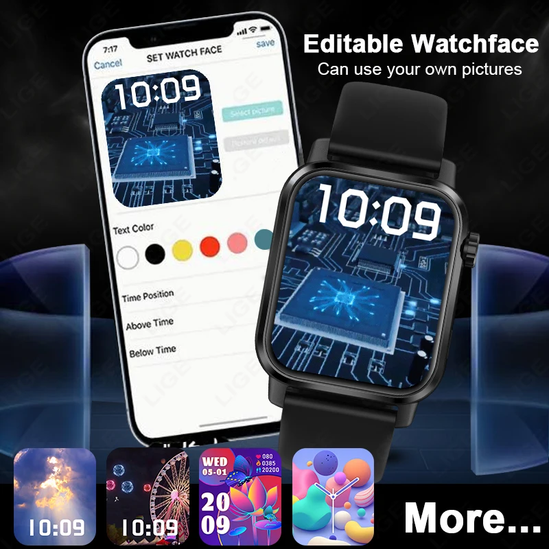 LIGE LED Flashlight 3D Dynamic Dial Smart Watch Waterproof Health Monitor Bluetooth Call Custom Watch Faces SmartWatch Men Women