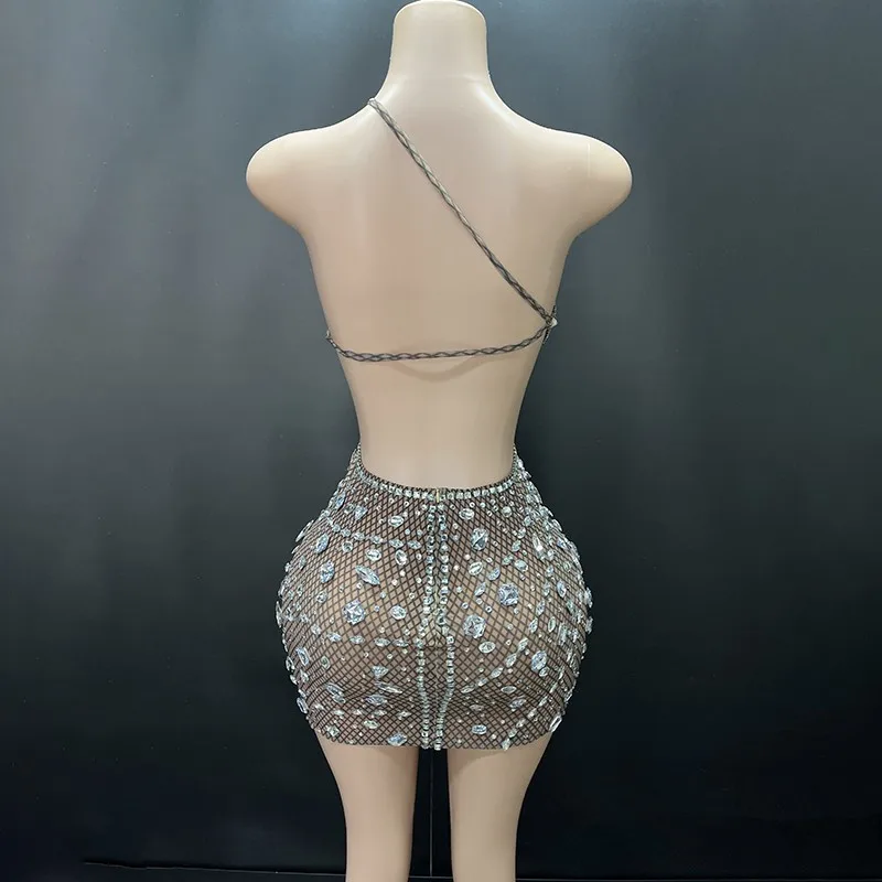Klaar Jurk Vrouwen Sexy Sensuele Avondjurken Kristal Glitter Een Schouder Backless Elastische Bodycon Mini Mesh Jurk Club