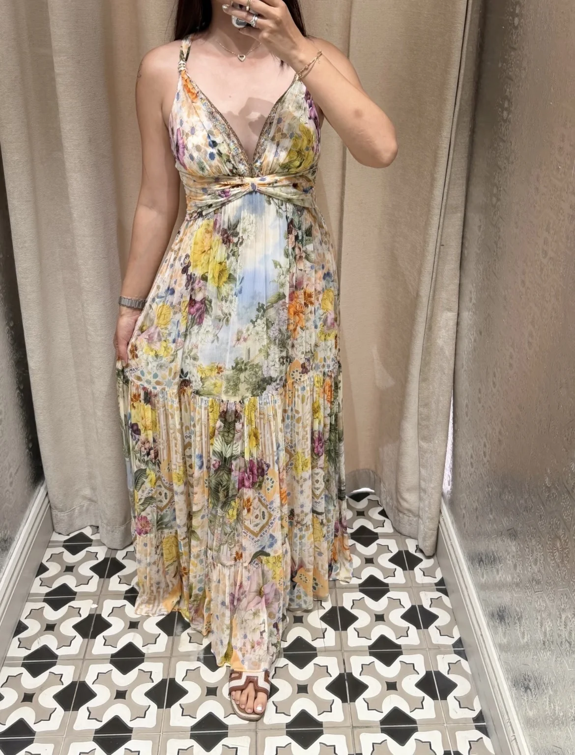 

Flower Printed Women 100% Silk Maxi Dress Crystal Beaded Waist-Cinching Backless Sleeveless V-Neck Holiday Style Long Robe